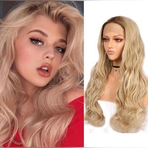 Blonde Ombre Synthetic Lace Front Wig with Brown Roots Two Tones Long Wavy Wigs
